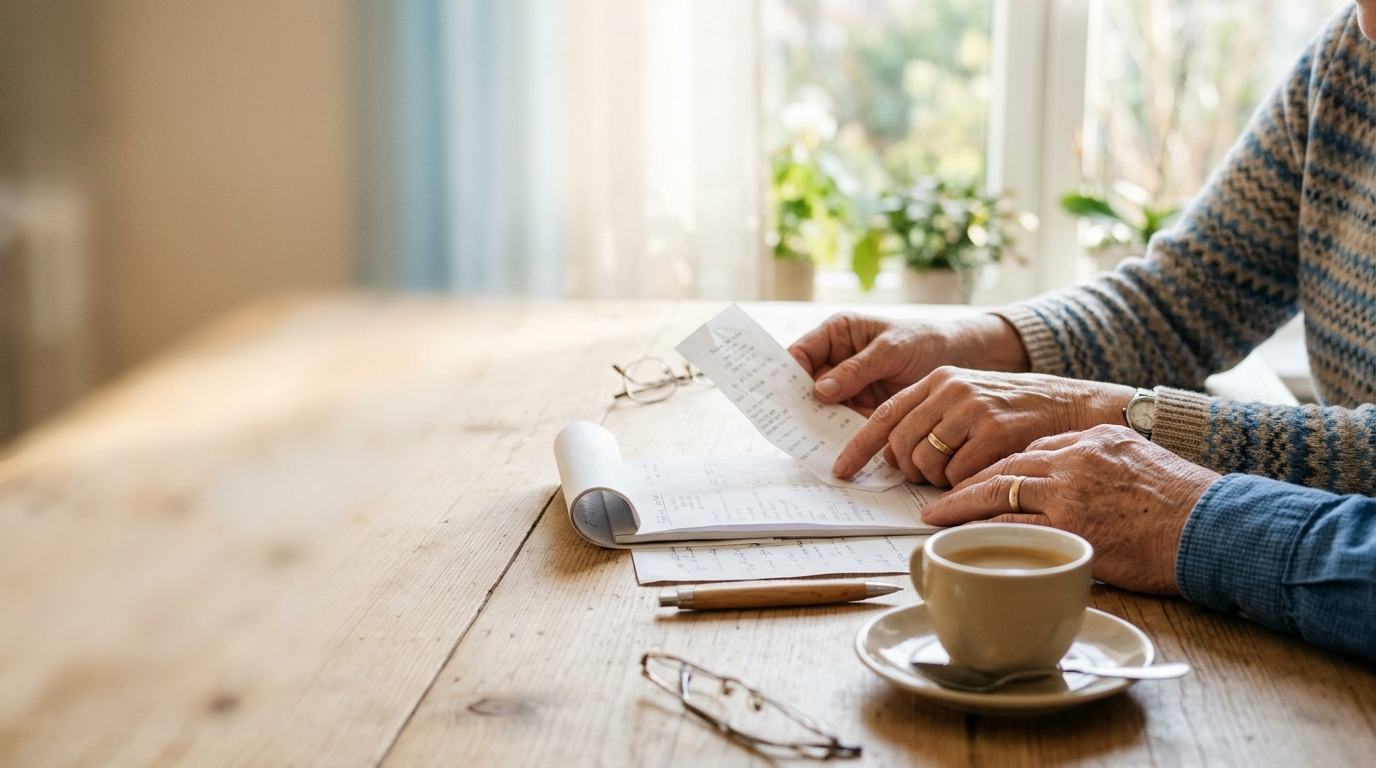 Manos de una persona mayor revisando papeles junto a una taza de café